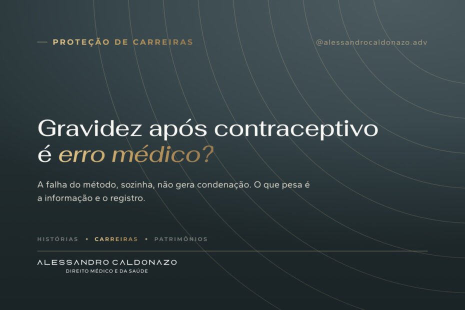 Arte com a pergunta gravidez após contraceptivo é erro médico, sobre falha de método contraceptivo e responsabilidade do médico
